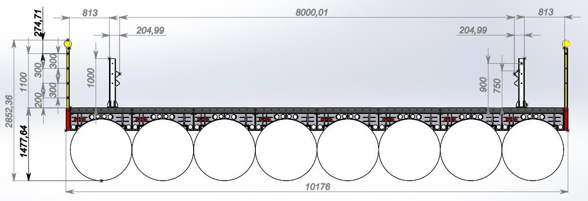 Схема наплавного моста МПКТ/Г8/120(П) с 2-мя пешеходными тротуарами