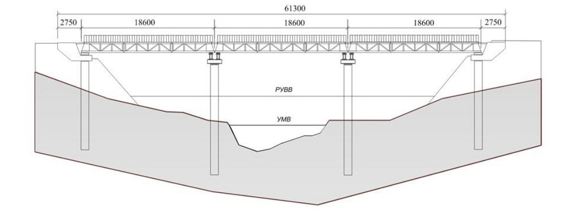 Продольная схема однопутного моста САРМ с пролетами 18м